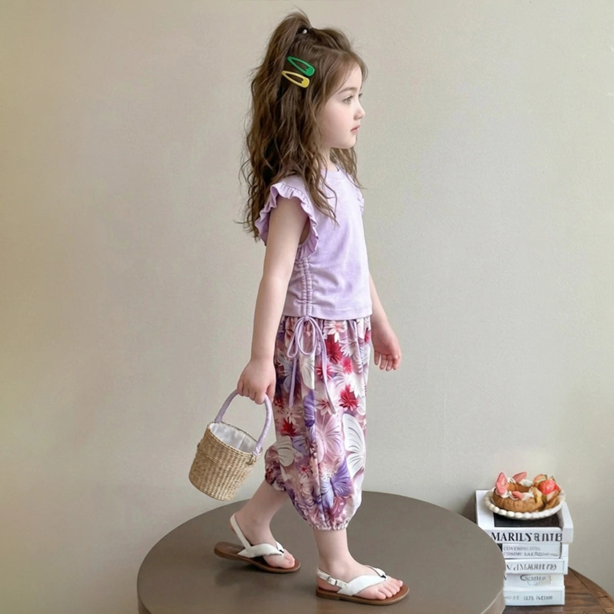 Girls Purple Flutter Sleeve Top with Butterfly Print Harem Pants Sets Sets