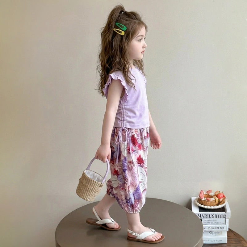 Girls Purple Flutter Sleeve Top with Butterfly Print Harem Pants Sets Sets