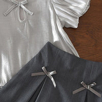Girls Light Grey Puff Sleeve Top With Bow Applique Skirt Sets 2 pc. Sets
