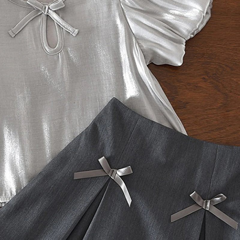 Girls Light Grey Puff Sleeve Top With Bow Applique Skirt Sets 2 pc. Sets