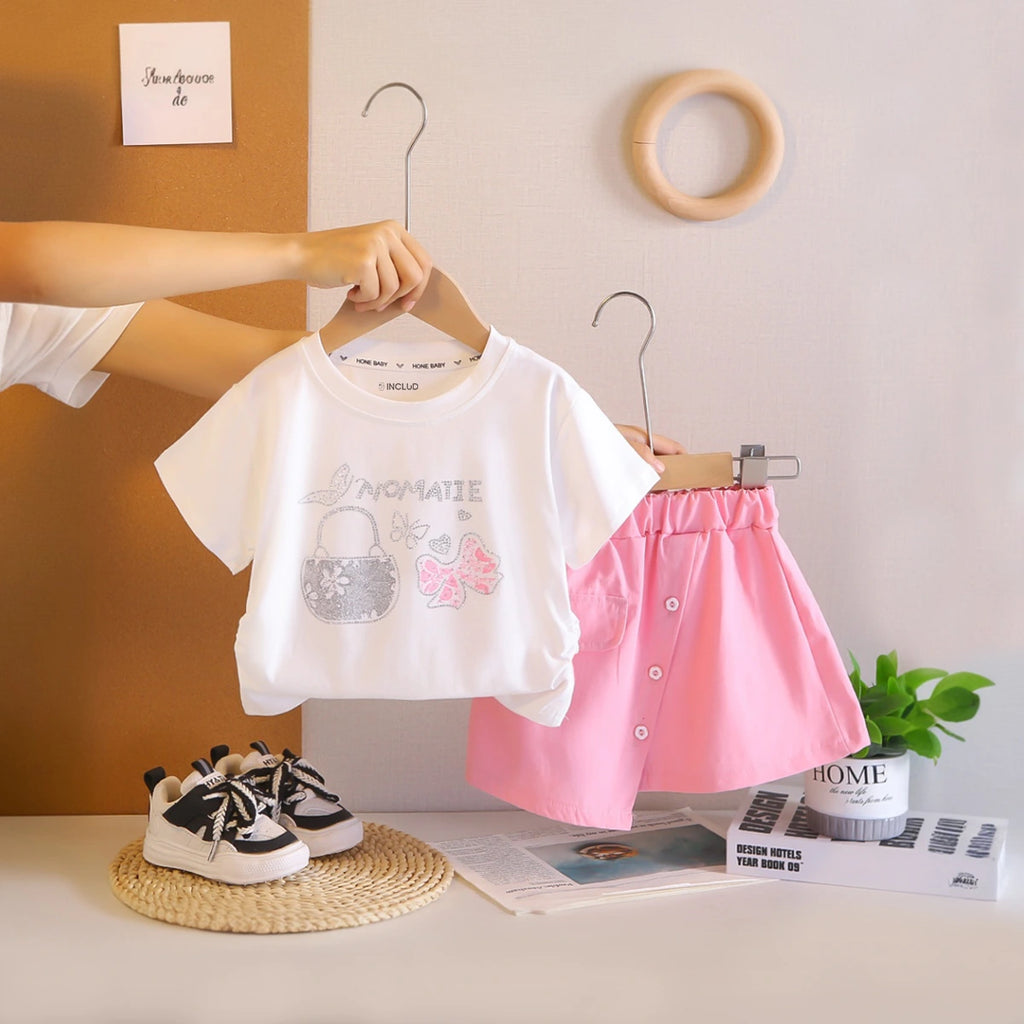 Girls White Handbag Graphic Short Sleeve T-Shirt With Asymmetric Shorts Sets 2 pc. Sets White 1-2 Y