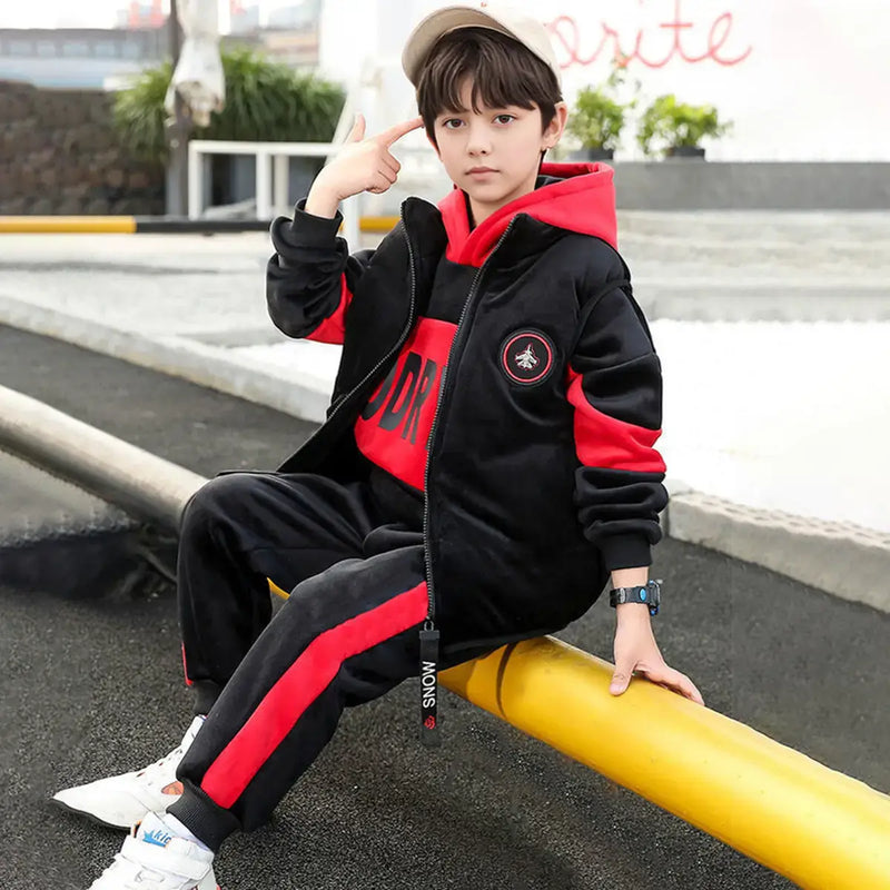 Boys Red Typographic Printed Hooded Sweatshirt With Vest & Jogger Sets Sets