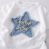 Girls White Frayed-Denim Star Applique T-Shirt With Micro-Dot Embellished Pant Sets Sets