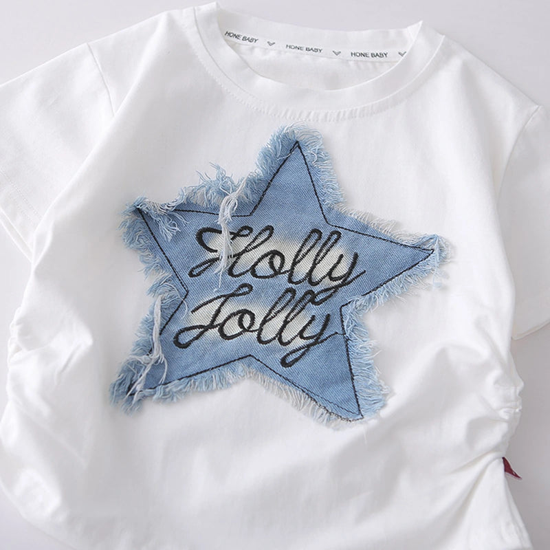 Girls White Frayed-Denim Star Applique T-Shirt With Micro-Dot Embellished Pant Sets Sets