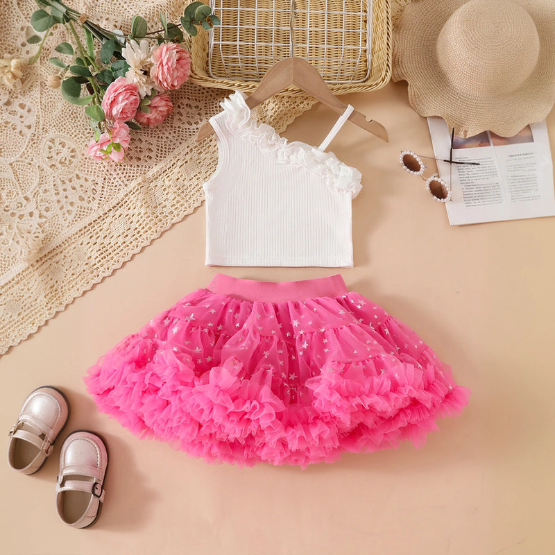 Girls White One Shoulder Crop Top With Star Printed Tulle Skirts Set Sets