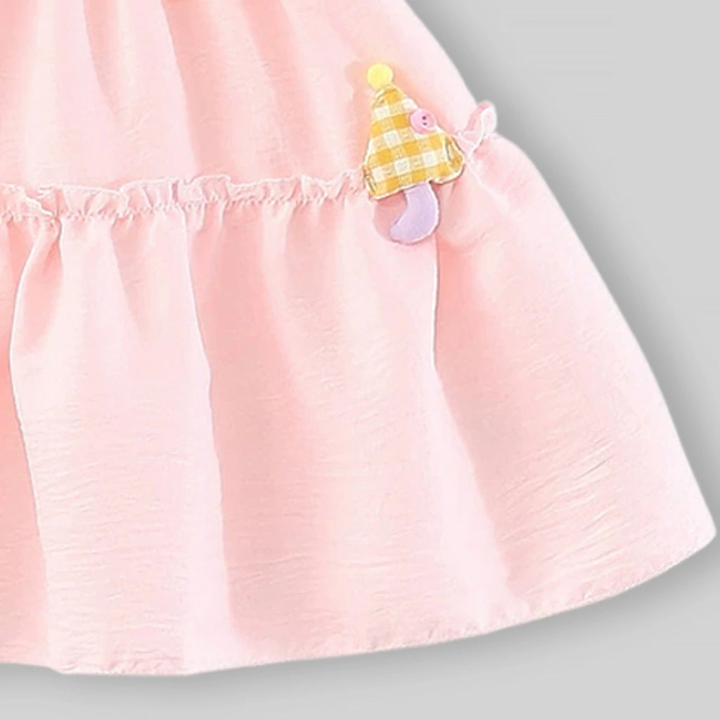 Girls Pink Mushroom Appliques Tiered A-Line Dress Casual Dresses