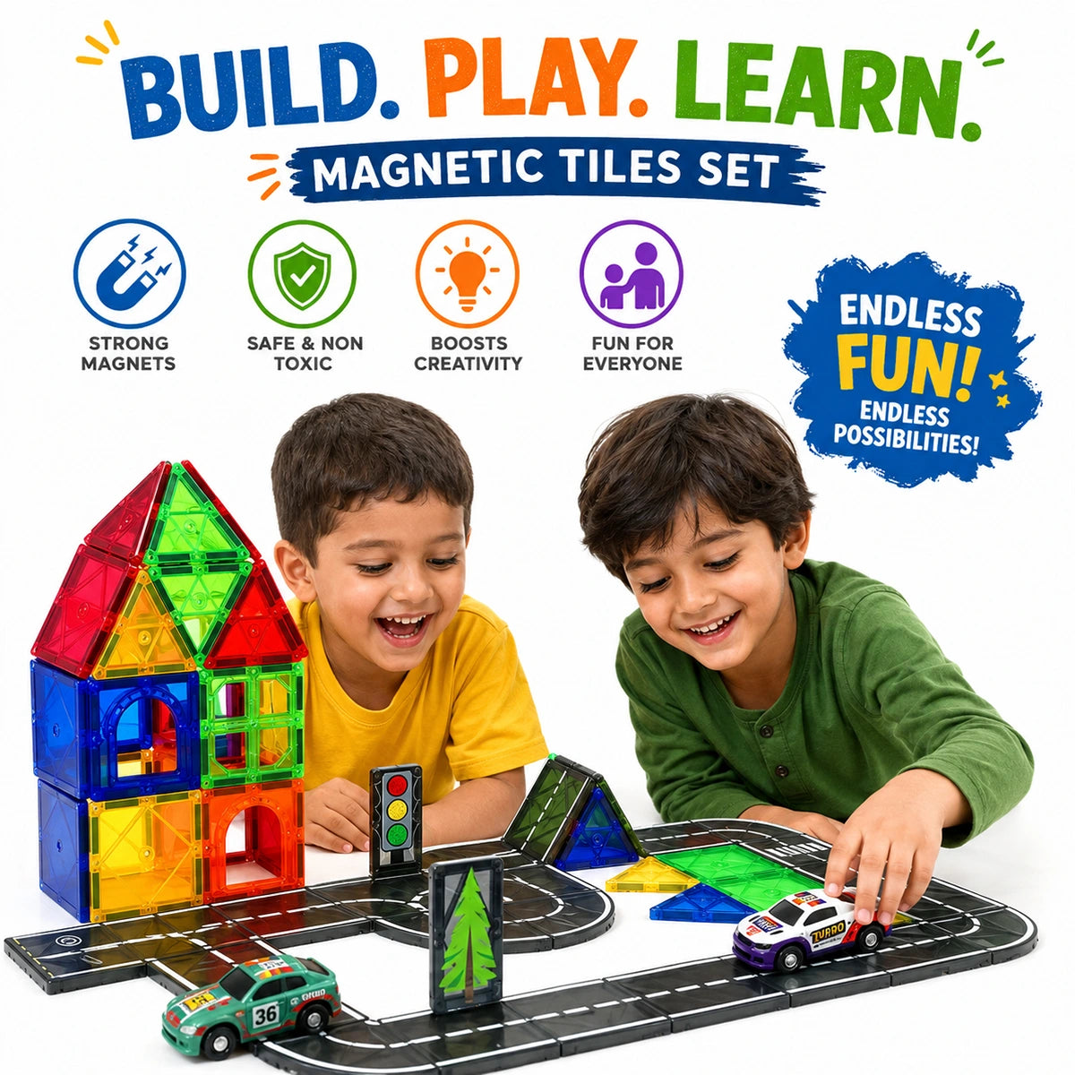 Multicolour 3D Magnetic Tiles Construction Vehicle Set with Road Tracks Trending Accessories