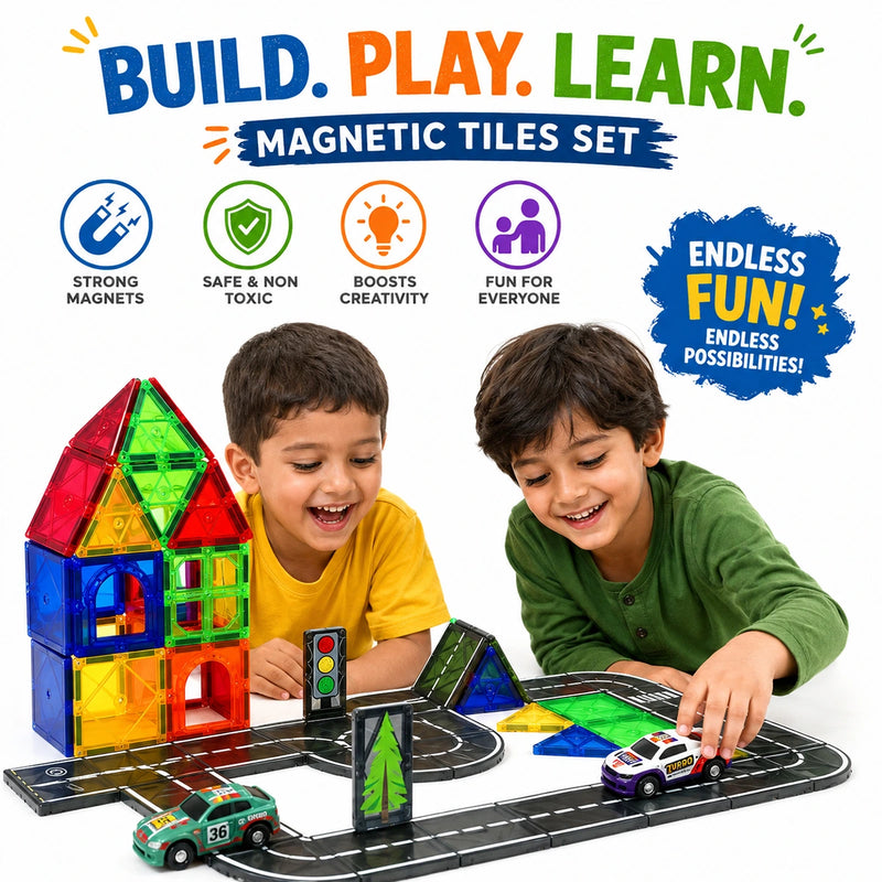Multicolour 3D Magnetic Tiles Construction Vehicle Set with Road Tracks Trending Accessories