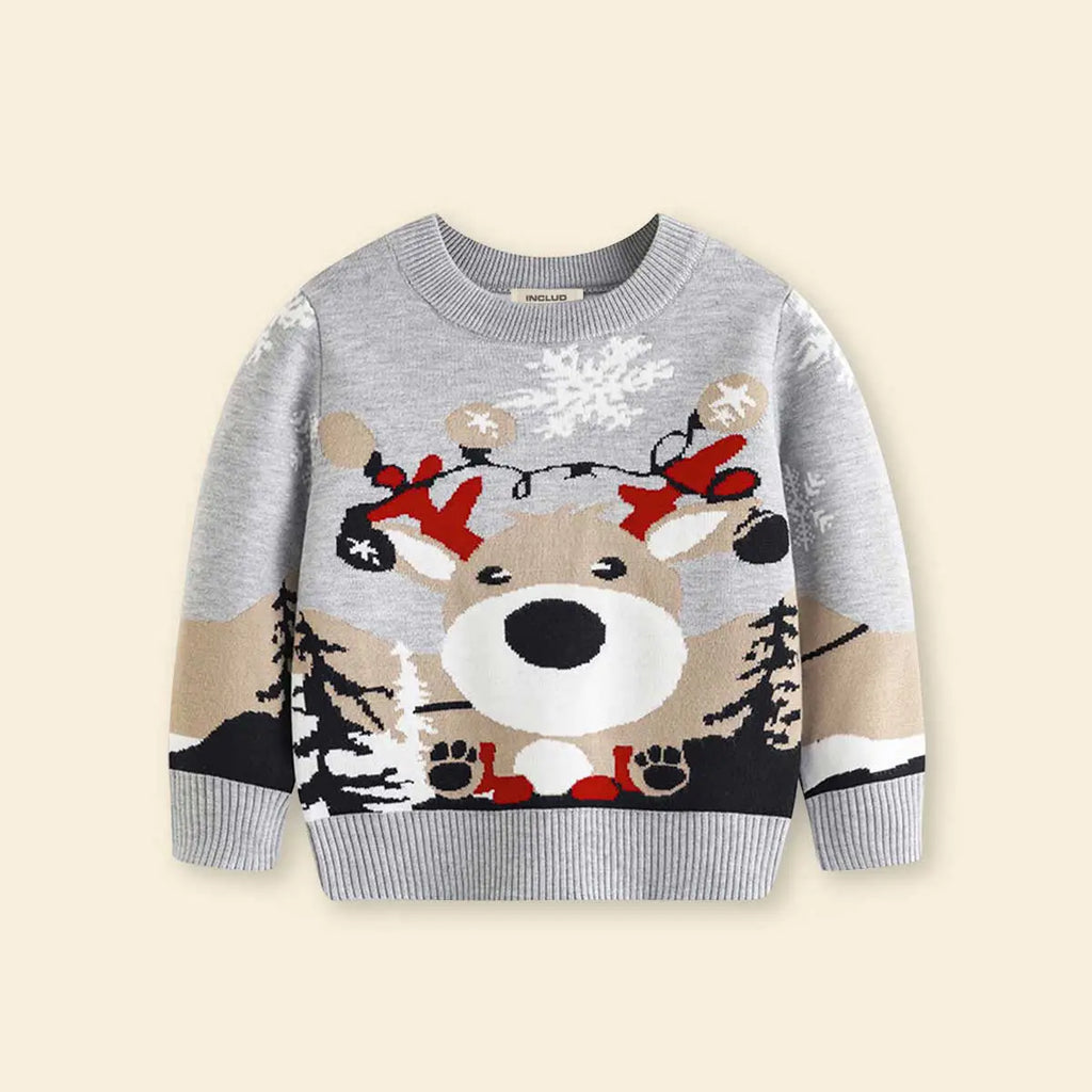 Boys Grey Sweater With Self-Design Reindeer Face Pattern Sweaters & Cardigans