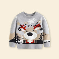 Boys Grey Sweater With Self-Design Reindeer Face Pattern Sweaters & Cardigans