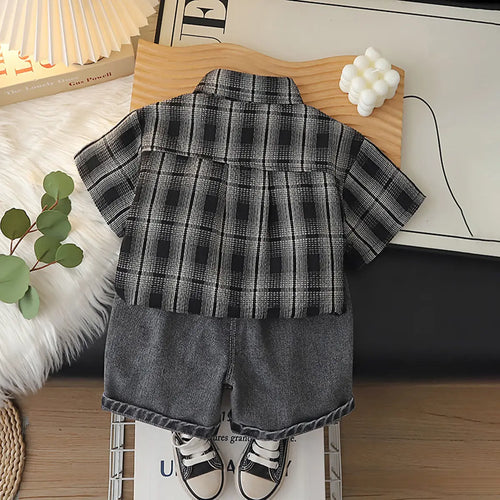 Boys Black Checked Shirt With Printed T-Shirt And Denim Shorts Sets 3 pc. Sets