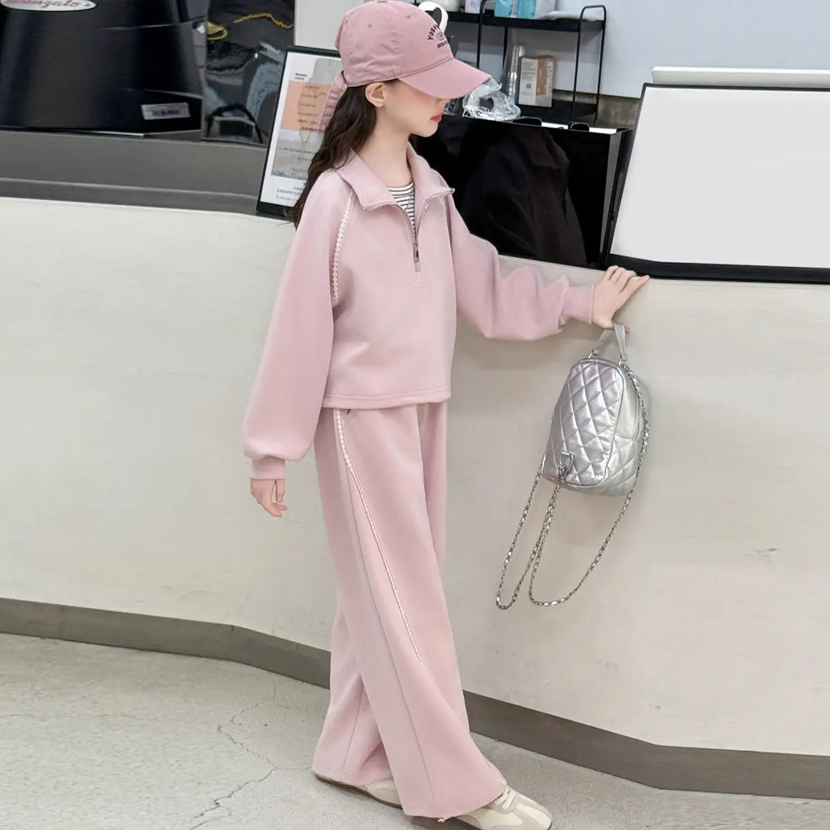 Girls Pink Half Zipper Pullover Top With Wide Leg Pants Co-ord Sets Sets