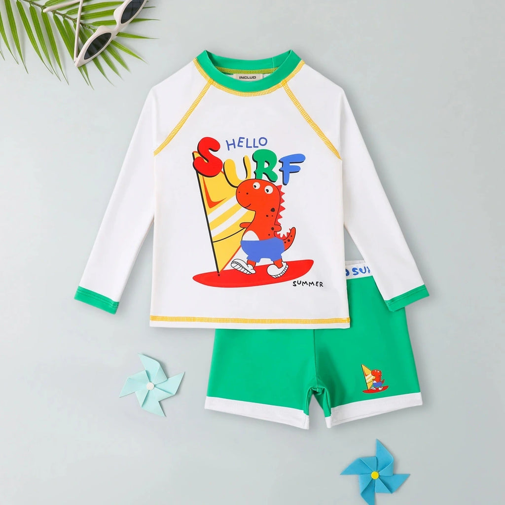 Boys Dinosaur Cartoon Print T-Shirt With Green Shorts Swimwear Sets Sets Green 3-4 Y