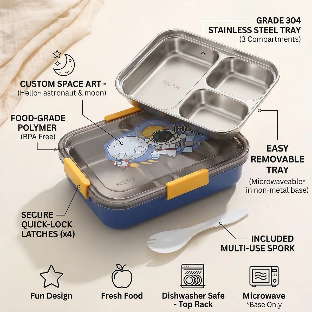 Kids Blue Astronaut Stainless Steel 3-Compartment Lunch Box Trending Accessories
