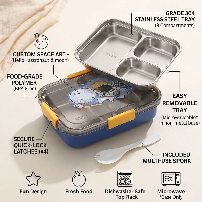 Kids Blue Astronaut Stainless Steel 3-Compartment Lunch Box Trending Accessories