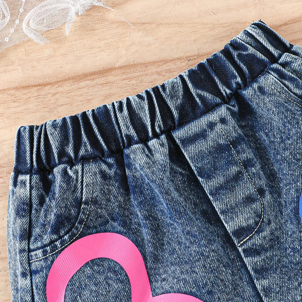 Girls Fuchsia Ruffle One-Shoulder Top With Heart Printed Denim Shorts Sets Sets