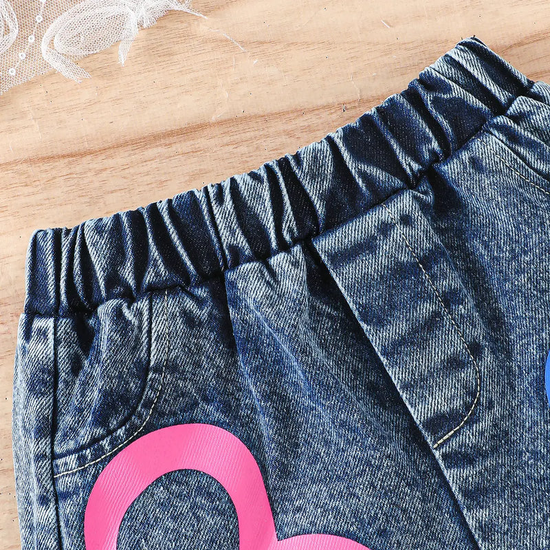 Girls Fuchsia Ruffle One-Shoulder Top With Heart Printed Denim Shorts Sets Sets