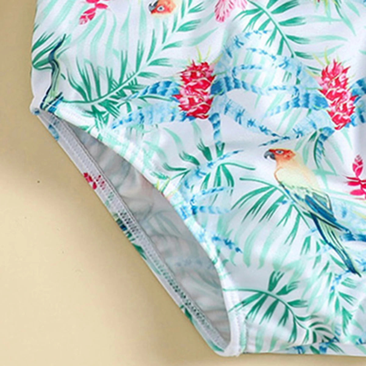 Girls Light Green Parrot Printed Sleeveless Top With Briefs Swimwear Sets Sets