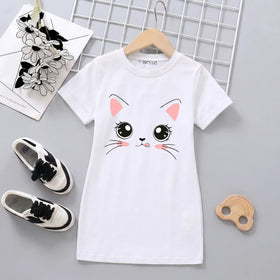 Girls Off White Cat Graphic Short Sleeve T-Shirt Dress Casual Dresses Off White 4-5 Y