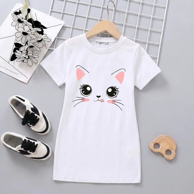 Girls Off White Cat Graphic Short Sleeve T-Shirt Dress Casual Dresses Off White 4-5 Y