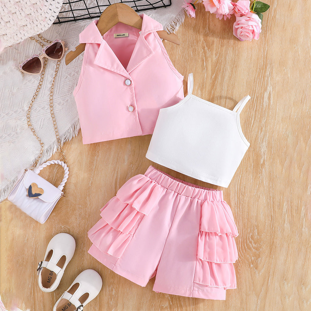 Girls Pink Waistcoat with Spaghetti Top & Tiered Ruffle Shorts Set 3 pc. Sets