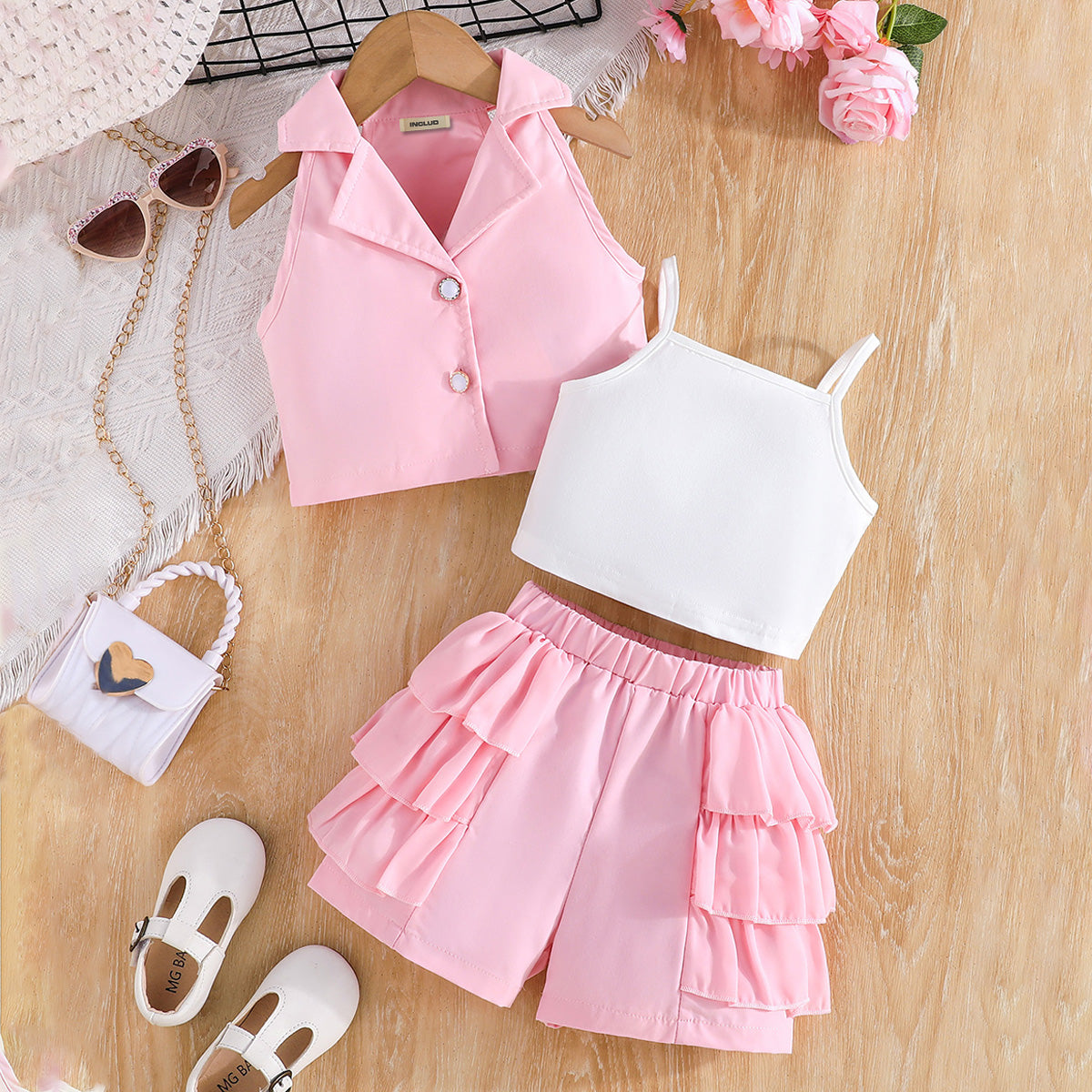 Girls Pink Waistcoat with Spaghetti Top & Tiered Ruffle Shorts Set 3 pc. Sets