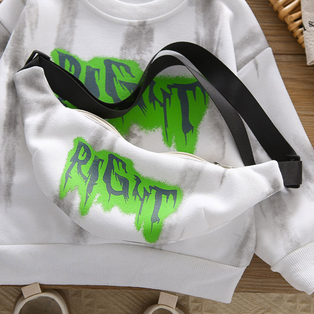 Boys White Right Printed Sweatshirt With Sling Bag and Pants Set Sets