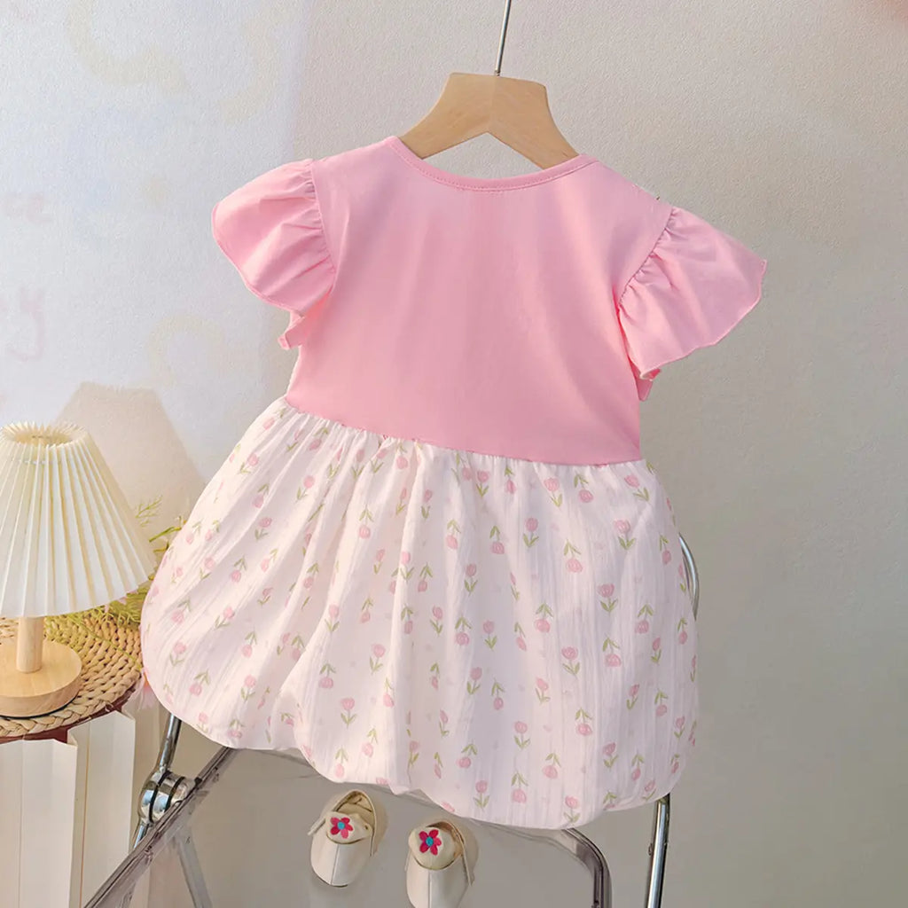 Girls Light Pink Floral Printed Short Sleeve Balloon Dress Casual Dresses