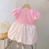 Girls Light Pink Floral Printed Short Sleeve Balloon Dress Casual Dresses