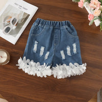 Girls Fuchsia One Shoulder Ruffled Top With DIstressed Denim Shorts Sets