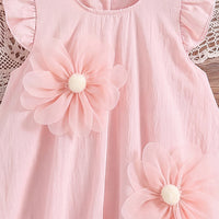 Girls Light Pink Floral Applique Flutter Sleeve Balloon Dress Casual Dresses