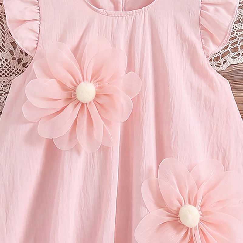 Girls Light Pink Floral Applique Flutter Sleeve Balloon Dress Casual Dresses