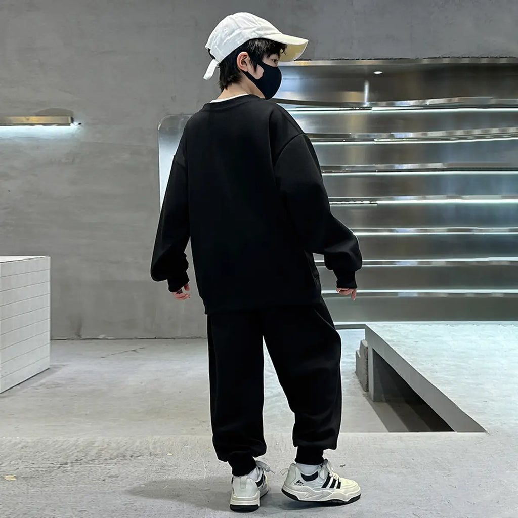Boys Black Graphics Printed Oversized Sweatshirt With Jogger Co-ord Sets Sets