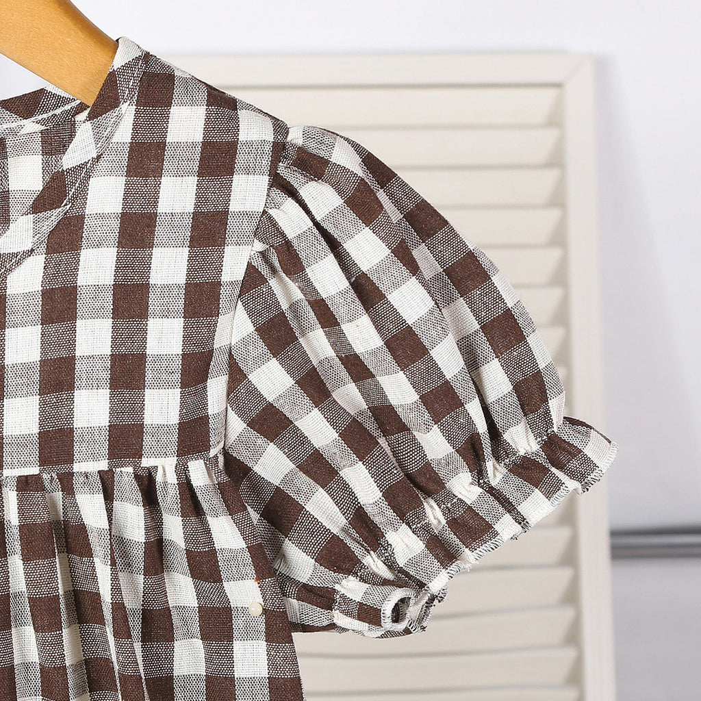 Girls Brown Gingham Checked Short Sleeves Dress Casual Dresses
