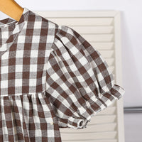 Girls Brown Gingham Checked Short Sleeves Dress Casual Dresses
