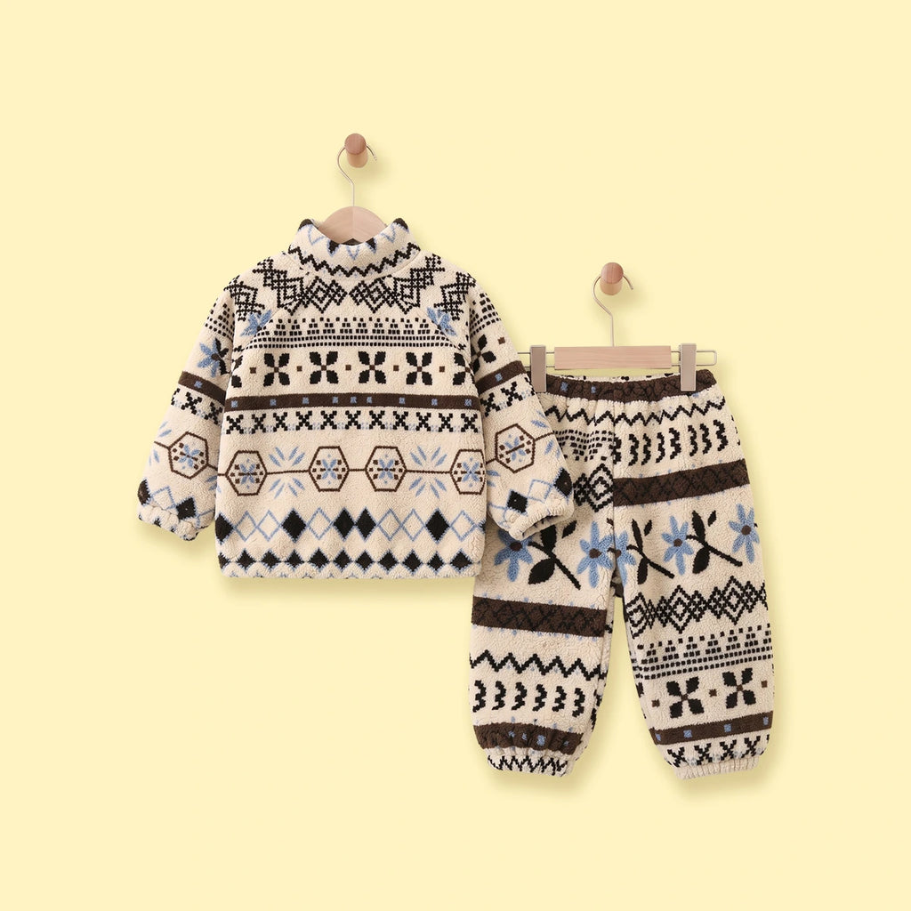 Girls Beige Floral Fleece Jacket & Pants Co-ord Sets Sets