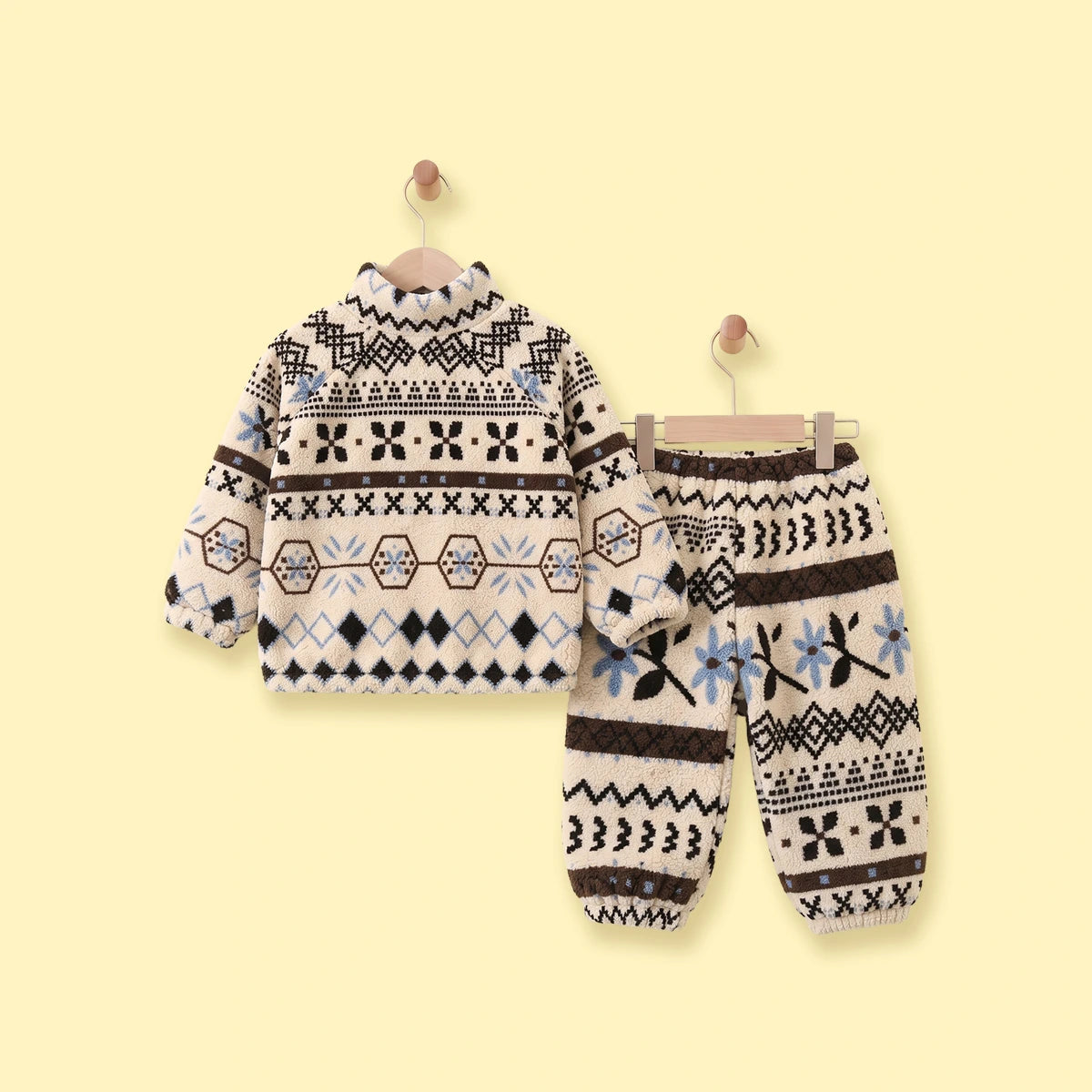 Girls Beige Floral Fleece Jacket & Pants Co-ord Sets Sets