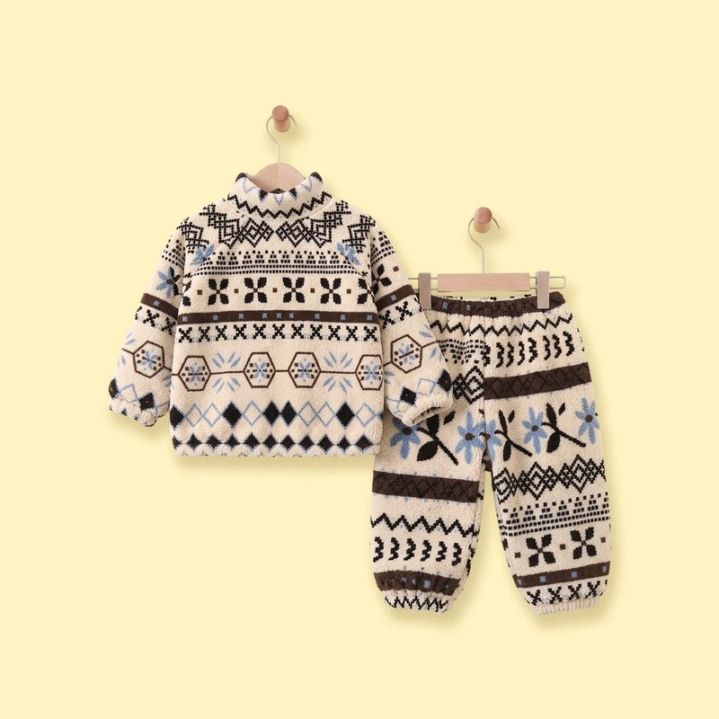 Girls Beige Floral Fleece Jacket & Pants Co-ord Sets Sets