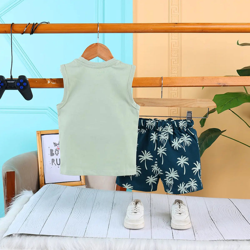 Boys Green California Printed Vest With Printed Drawstring Shorts Sets Sets
