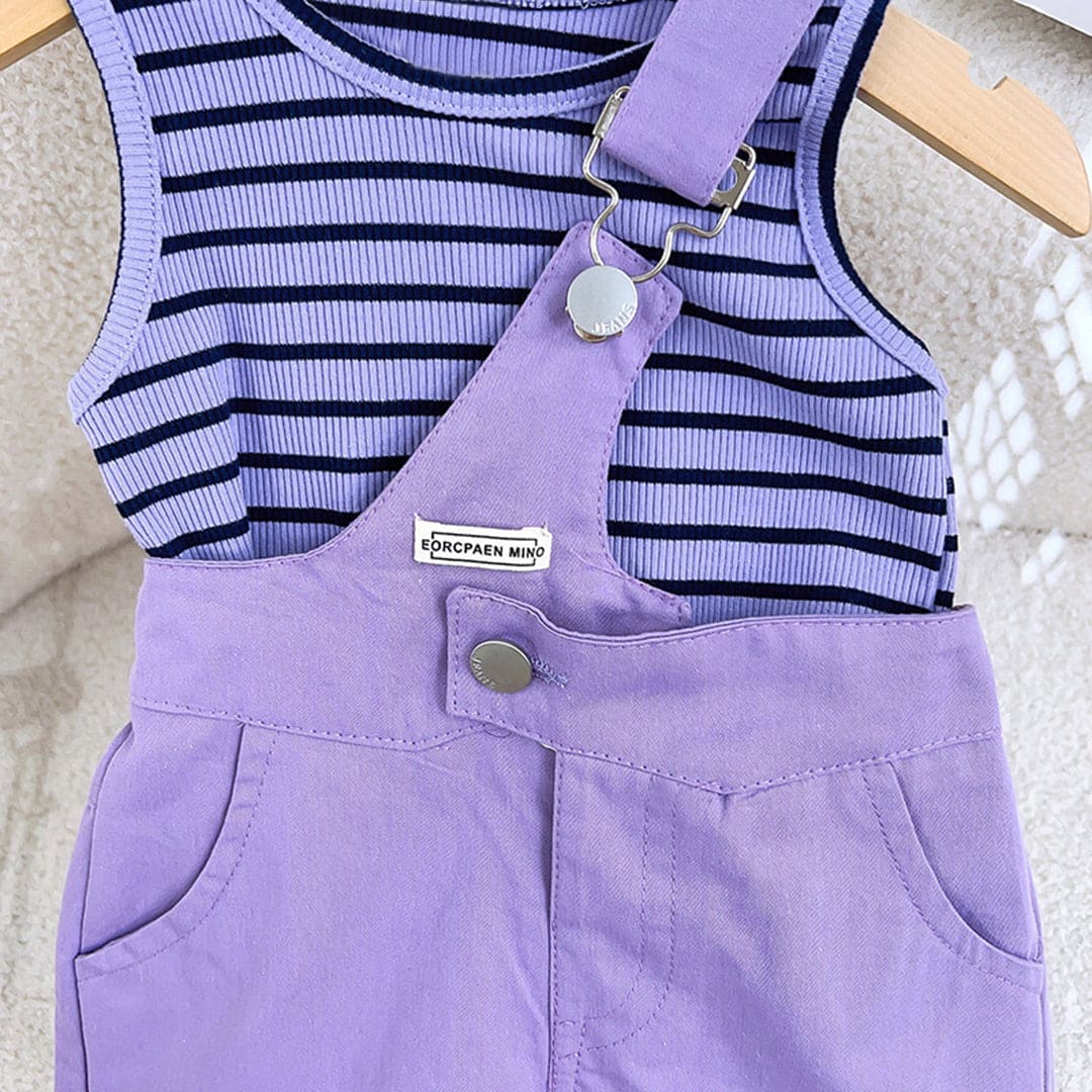 Girls Purple Striped Tank Top with Shorts Set Sets   