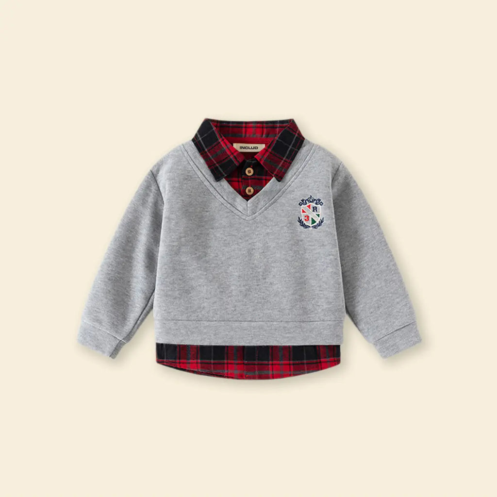 Boy Grey Faux Layered V-Neck Plaid Collared Sweater Sweaters & Cardigans