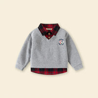 Boy Grey Faux Layered V-Neck Plaid Collared Sweater Sweaters & Cardigans