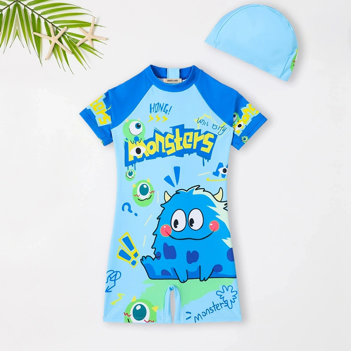 Boys Sky Blue Graphics Short Sleeves Swimwear Romper Jumpsuits Sky Blue 3-4 Y
