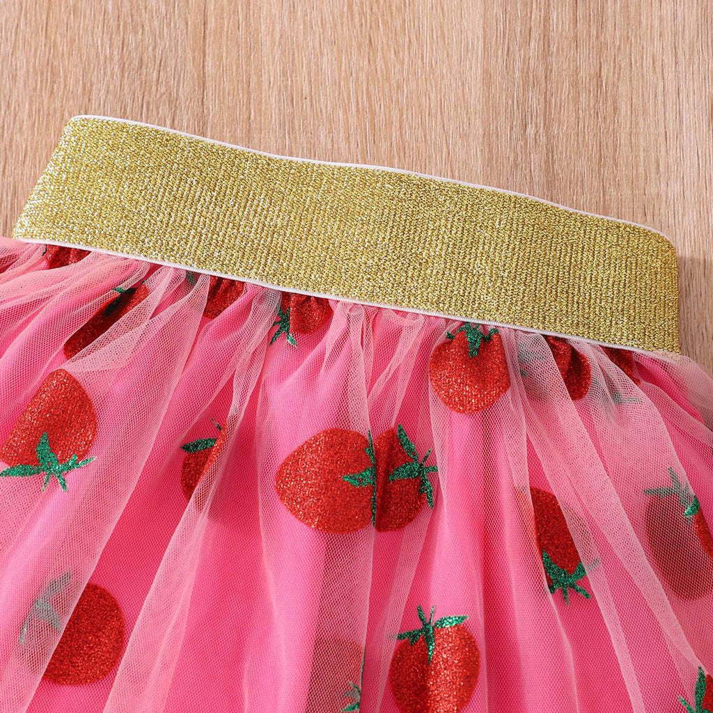Girls Fuchsia Printed Top with Glitter Strawberry Tulle Skirt Set Sets