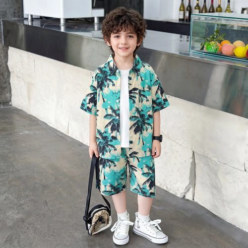 Boys Green Tropical Palm Print Shirt With Shorts Sets 2 pc. Sets Green 1-2 Y