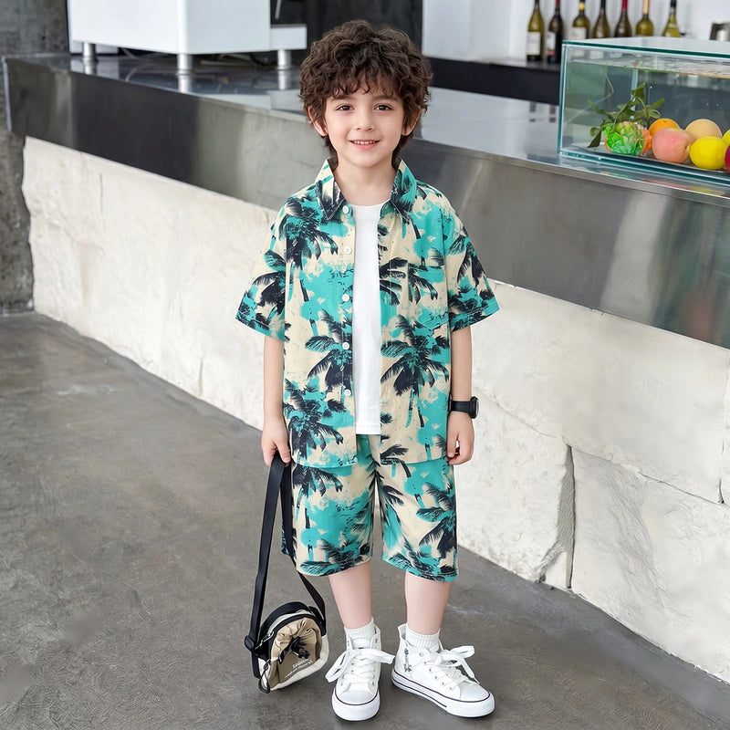 Boys Green Tropical Palm Print Shirt With Shorts Sets 2 pc. Sets Green 1-2 Y