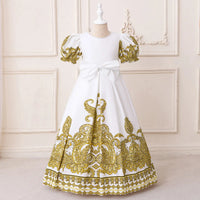 Girls White Ethnic Motifs Printed Fit And Flare Dress With Puff Sleeevs Casual Dresses White 3-4 Y