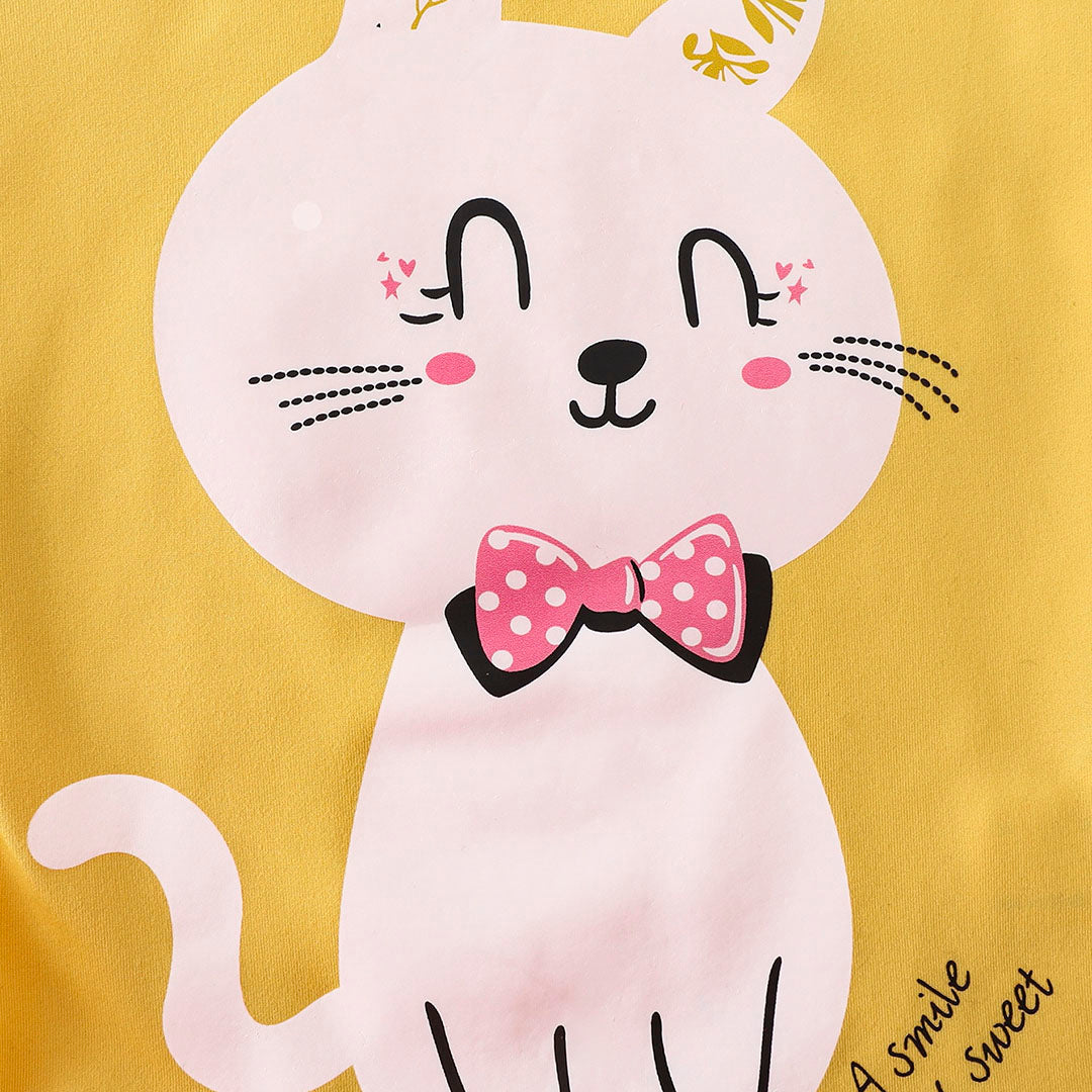 Girls Yellow Cat Print T-shirt with Floral Print Pajama Set Sets