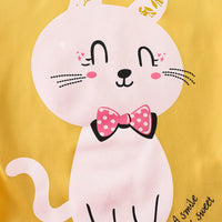 Girls Yellow Cat Print T-shirt with Floral Print Pajama Set Sets
