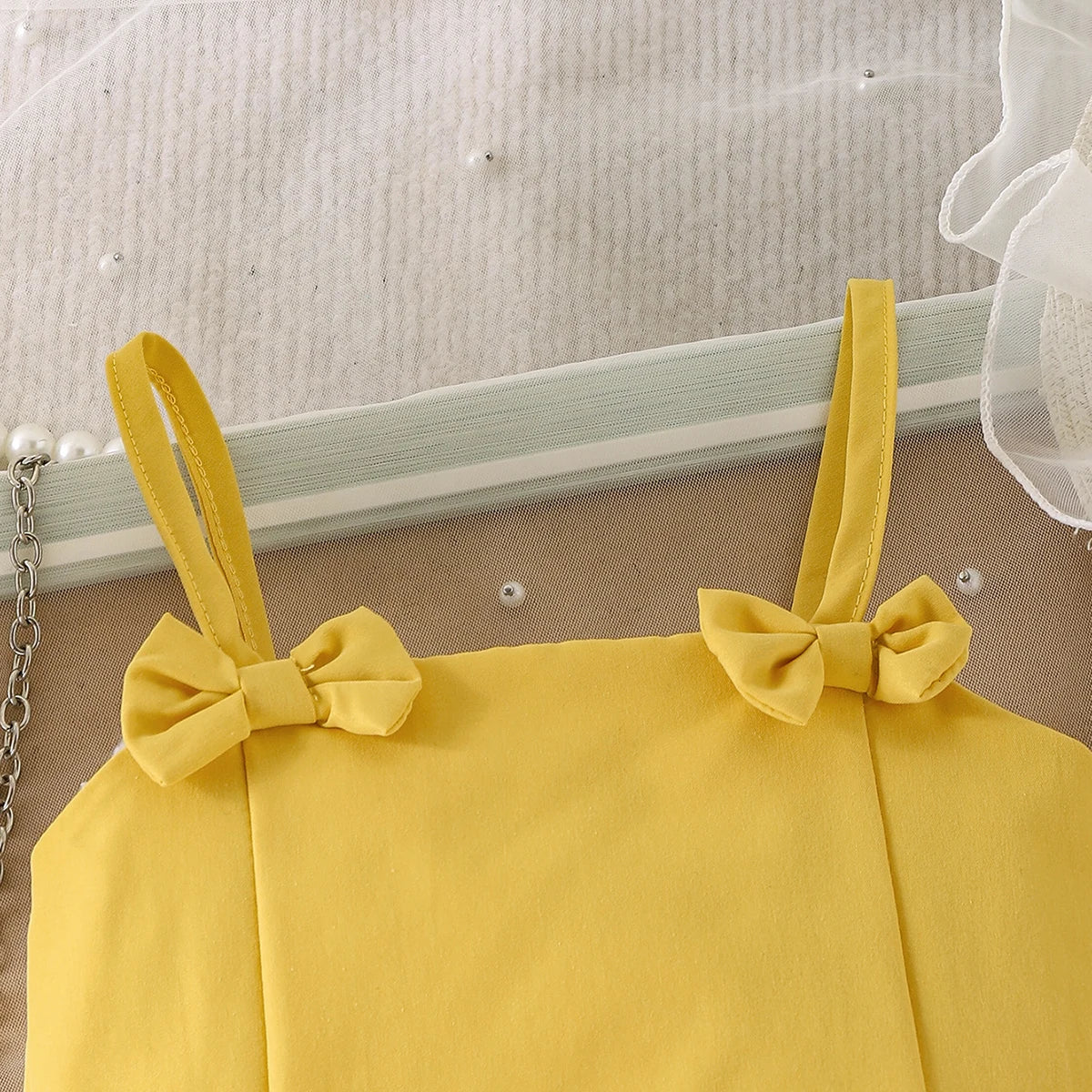 Girls Mustard Bow Applique Sleeveless Top With Shorts Sets 2 pc. Sets